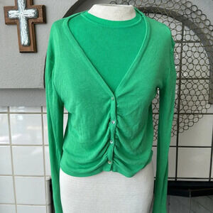 Zara 2 piece  green knit cardigan sweater set size medium
